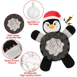 Yoochee Christmas Squeaky Dog Toys, Plush No Stuffing and Snuffle Mat for Dog Puppy, Durable Chew Bite Toys for Small Medium Large Dogs, Interactive Xmas Penguin for Aggressive Chewers