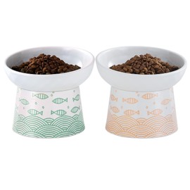 OMAYKEY Ceramic Raised Cat Bowls, Elevated Tilted Cat Food and Water Bowl Set, Porcelain Stress Free Pet Feeder Dish for Cats and Small Dogs, Dishwasher and Microwave Safe, Set of 2