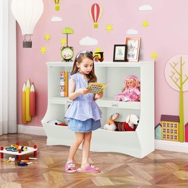 HOMGX Toy Storage Organizer, Open Kids Storage Cubby with 2 Shelves & 4 Bins, Multifunctional Toy Storage Cabinet for Nursery, Playroom(White)