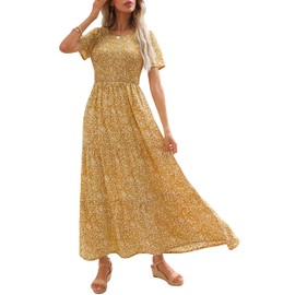 Maggeer Womens 2025 Summer Spring Wedding Guest Long Dresses Boho Maternity Baby Shower Mothers Day Smocked Floral Maxi Dress with Sleeves Mustard XS