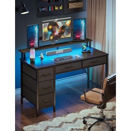 Seventable Computer Desk with Power Outlets & LED Light, 47 inch Home Office Desk with 5 Drawers, Writing Desk with Monitor Stand, Work Desk for Home Office, Black