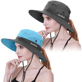 IYEBRAO Pack of 2 Ponytail Sun Hat Women's UV Protection Wide Brim Summer Hat with Neck Cord Sun Protection Hat Beach Hat Fishing Hat Fishing Hat Garden Hat Outdoor Hat, Blue + Grey, Pack of 2