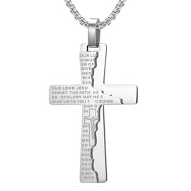 YL Cross Necklace for Men Stainless Steel Lord's Prayer Crucifix Pendant Jesus Christ Jewelry-18k White Gold