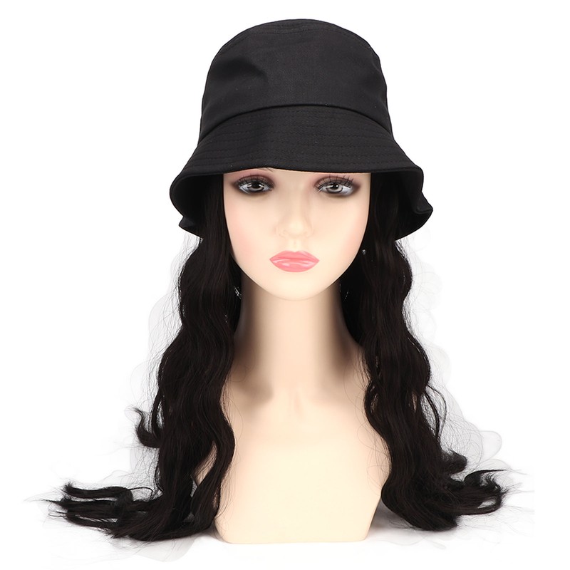 Hat Wig Women Detachable Middle Length Black Brown Curly Wavy