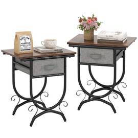 Tangkula Nightstand with Fabric Drawer, Industrial 2-Tier Bedside Table with Storage, Metal Frame & Decorative Scrollwork, Retro Accent Side Table for Bedroom Living Room Small Space (2, Rustic Brown)