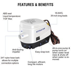 AURELIO TECH 750GPH Automatic Submersible Small Boat Bilge Water Pump with Float Switch 3/4 inch (19mm) Outlet Diameter Hose