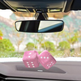 WINUERK Fuzzy Dice for Rear View Mirror, Retro Square Mirror Hanging Fuzzy Plush Dice with Dots, 3inch Pair of Fuzzy Dice, Universal Car Mirror Hanging Accessories for Car Interior Decoration, Pink