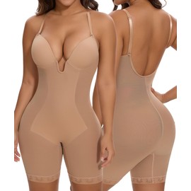 SHAPERIN Backless Shaping Bodysuit Women's Shapewear Tummy Control Body with Push Up Bra Body Shaper Deep U Neck, Beige 1#