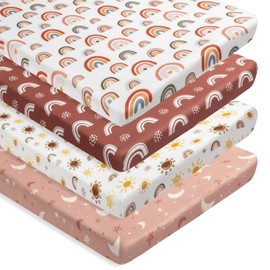 4 Pack Boho Baby Sheets Unisex Fitted Baby Sheets Neutral for Baby Boys or Girls Boho Sunshine and Rainbow Style (N Play Sheets)