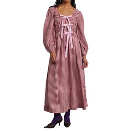 ABYOVRT Women Plaid Maxi Dress Long Puff Sleeve Square Neck Flowy Boho Dress Bow Tie Smocked Fall Dresses (Red a,M)