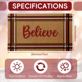 WILLBOND Christmas Coir Doormat Welcome Door Mat 28 x 16 Inch Red and Green Striped Believe Xmas Floor Mat Non Slip Heavy Duty for Xmas Indoor Outdoor Entrance Door Porch Front Decor