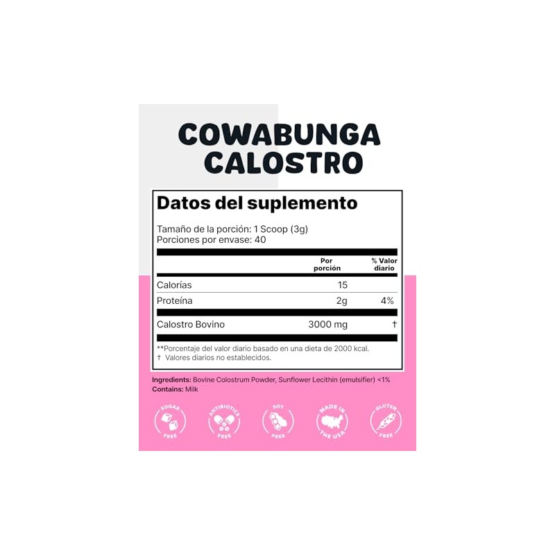 Cowabunga Calostro Bovino Polvo 120 Gramos Fabricado Excelentes Beneficios Fácil