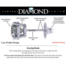 Central Diamond Center 14K Solid Gold Post & Sterling Silver 4 Prong CZ Stud Earrings - Platinum Plated - 7.50mm - 3.00cttw