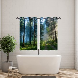 ANHOPE Forest Kitchen Curtains Grommet Waterproof Curtains with Nature Misty Forest Sunshine Tree Path Print Pattern Decorative Window Drapes for Bedroom Bathroom Cafe Office 2 Panels 27.5 x 39 Inch