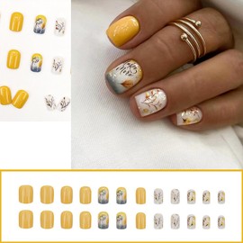 Short Square Press on Nails Yellow White Fake Nails Summer Acrylic Glossy False Nails with Word Retro Leaf Romantic Designs Full Cover Artificial Nails Stick on Nails Glue for Women and Girls 24 Pcs