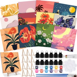 MotiMind 12 Sets Framed Paint by Number Kit for Adults with 12 Wooden Easels,12 Disposable Apron, 12 Pigment 12 Brush, 12 Palette,Landscape DIY Acrylic Paint by Number Kits for Party