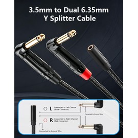CERRXIAN 3.5mm to Dual 6.35mm Y Splitter Cable, 1/8 inch TRS Female to 90 Degree 2X 6.35mm 1/4 inch TS Male Mono Audio Cable Splitter for Spekers, Amplifiers, Mixs 0.3M / 1FT