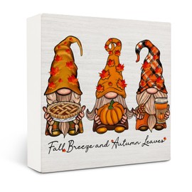 OVAcational Fall Gnome Wooden Box Sign Desk Decor, Farmhouse Autumn Pumpkin Maple Leaf Harvest Gnome Wood Block Sign for Home Kitchen Office Desk Table Shelf Wall Decorations, 5x5 Inch