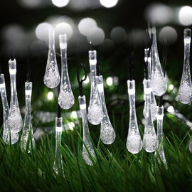 DINOWIN - Luces solares de gota, gota de agua, luces de hada, 30 ledes, impermeables, para exteriores, jardín, decoración de Navidad, Blanco (Cold White)