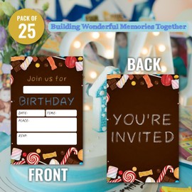WENFLY Candy Birthday Party Invitations Card Kit - 25 Pcs 4x6 Inch Chocolate Color Bright Colors Childlike Invitations for Kids Teens Boy Girl with Envelopes