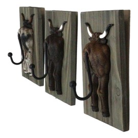 Ebros Gift Set of 3 Rustic Western Country Farm Colorful Steer Bull Cattle Hind Butt Hindquarter Coat Key Hat Leash Wall Hanging Hooks with Wooden Back Plaque Cowboy Horse Hook Organizers