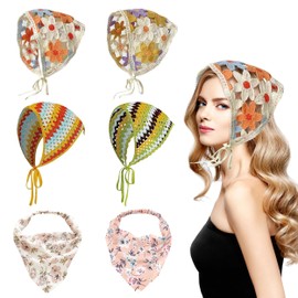 JIEYUMAO 6Pcs Crochet Hair Bandana, 6 Styles Knitted Hair Scarf for Women, Multicolor Crochet Head Scarf Floral Hair Bandanas Crochet Bandanas Headbands Knitted Headscarf for Birthday Wedding