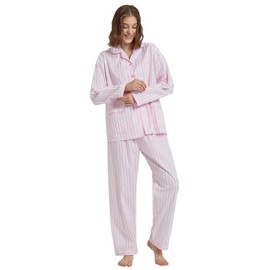 GLOBAL Womens 100% cotton pajamas set with long sleeve button down pjs 2 piece nightwear button fly sleepwear bottom drawstring waist pajama