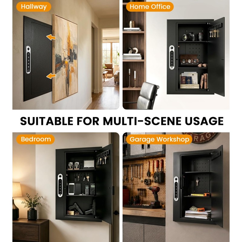 19.7" Tall Biometric Wall Safe Between 16" Studs, Fingerprint &