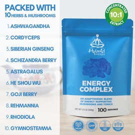 HYBRID HERBS Energy Complex – Adaptogenic Herbal Blend with Ashwagandha, Cordyceps, Rhodiola, Ginseng, Schizandra, He Shou Wu & More – Natural Energy & Vitality Support – 100g Powder, 100 Servings
