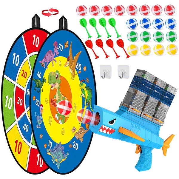 Dart Board for Kids Dart Board, 3 in 1 Double Sided Dartboards with Shark Toy Gun, 32pcs Outdoor Toys Gifts for 3 4 5 6 7 8 Years Old Boys Girls+20 Sticky Balls, Outdoor/Indoor Games Birthday Gifts