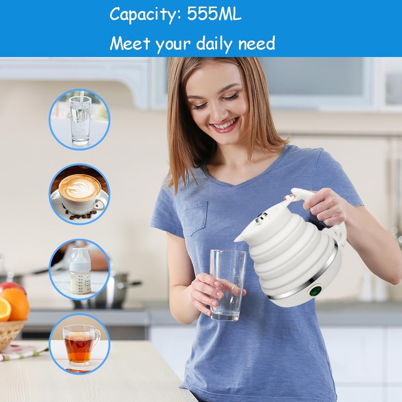 Food Grade Silicone Portable Collapsible Electric Travel Kettle (White)