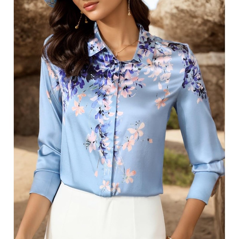 MAAYKOM Women's Printed Flowers Commercial Long Sleeved Casual Loose Lapel
