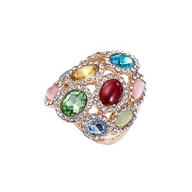 18K Gold Plated Iridescent Multi-color Gemstone Crystal Geometric Elastic Adjustable Stretchy Statement Rings for Women Cocktail Costume Jewelry (Style D, Adjustable(7#-9#))