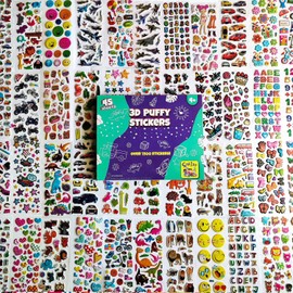Puffy Stickers for Kids 45 Sheets - 3D Puffy Sheets - 1300+ Kids Stickers - Perfect for Party Bag Fillers, Sticker for Scrapbooking, Fun with Sticker of Cars, Letters, Numbers, Dinosaur, Stars & More