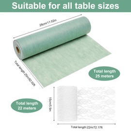 Jortmrd Pack of 2 Table Runners Eucalyptus Green Lace White Table Runner Sage Green Chiffon Table Runner Table Decoration Party Decoration for Birthday, Wedding, Festive Decoration, 28 cm x 25 m / 15