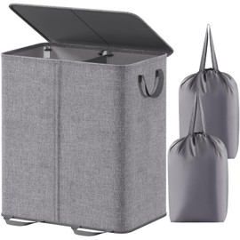 Lifewit Double Laundry Hamper with Lid and Removable Laundry Bags, Large Collapsible 2 Dividers Dirty Clothes Basket with Handles for Bedroom, Laundry Room, Closet, Bathroom, College, 155L Grey
