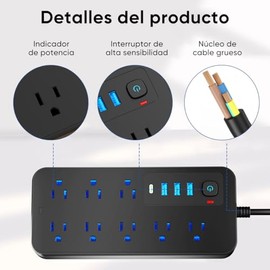 LUKITO Multicontacto Regleta 12 En1, Extensión Eléctrica con Protección contra Sobrecargas, Conector Multiple para Escritorio con Cable De 5m, 8 Salid