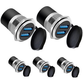 YiKaiEn Dual USB 3.0 Panel Mount Adapter - Threaded Round Connector with Waterproof Dust Cover, 2 Female to 2 Female Ports, 5Gbps for High-Speed Data Transfer, 5V 2A for Charging (5-Pack Silver)