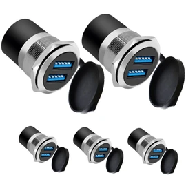 YiKaiEn Dual USB 3.0 Panel Mount Adapter - Threaded Round Connector with Waterproof Dust Cover, 2 Female to 2 Female Ports, 5Gbps for High-Speed Data Transfer, 5V 2A for Charging (5-Pack Silver)