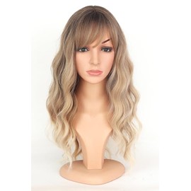 Ombre Rubio Sucio Ondulado Pelucas Con Bangs Para Mujer Medio Largo Rubio Ceniza Pelucas Sintético De Repuesto De Cabello Rubio Pelucas De Uso Diario 