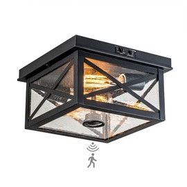 OUPAVOCS Outdoor Ceiling Light with Motion Sensor, Black Flush Mount Farm House Porch Light Ceiling Mount, Adjustable Sensor 2-Light Close to Ceiling Light Fixture for Patio, Porch, Garage