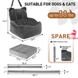 Anywish Dog Car Seat Booster with Waterproof Cover, Memory Foam, Small/Medium Dog Bed for Car Back Seat for Travel, Grey, 2 Safety Belt