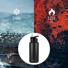 MURBONE Insulated Water Bottle, 1L Stainless Steel Drink Flask with Straw, BPA Free, 2 Lids (Straw Lid and Spout Lid), Leakproof Double Walled Vacuum Water Bottle, Black