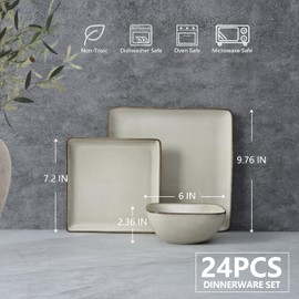 E-far Square Dinnerware Sets for 8, 24-Piece Stoneware Plates and Bowls Dishes Set, Reactive Glaze Porcelain Dishware Sets, Chip & Scratch Resistant, Microwave & Dishwasher Safe, Sandy Beige