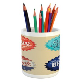 Lunarable 1950s Pencil Pen Holder, Retro Bottle Caps Design Beer Drink Soda Old Times Old Days Memories Fun Happy, Printed Ceramic Pencil Pen Holder for Desk Office Accessory, Multicolor