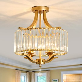 Piepooye Modern Crystal Chandelier 4 Lights Gold Semi Flush Mount Ceiling Light Fixture E12 Metal Farmhouse Chandelier for Dining Room Living Room Bedroom Entryway Hallway Kitchen