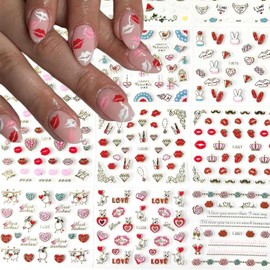 30 Sheets Valentines Day Nail Art Stickers 3D Self Adhesive Valentines Nail Decals Heart Nail Stickers for Nail Art Designs Heart Rose Red Lips Nail Supplies for Women Nail Art Decorations