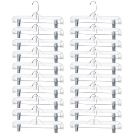 20 Pcs Clear Plastic Pant Hangers with Clips - 14" Skirt Hangers for Women with Adjustable Clips & 360° Swivel Hook, Slim Transparent Closet Clothes Organizers