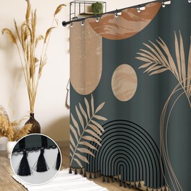 GiuMsi Boho Mid Century Leaf Shower Curtain Set,Arch Sun Design,Minimalistic Leaves Pattern,Waterproof and Luxurious Fabric-12 Hooks(Brown-72" x 96")