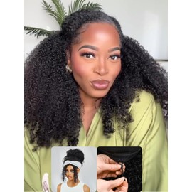 Nadula 20 Inch Glueless Afro Kinky Curly Half Wig Human Hair with Drawstring, No Leave Out with Small Lace, Flip Over 4C Blend Edges Wig, Beginner Friendly and Ready to Wear Half Wig